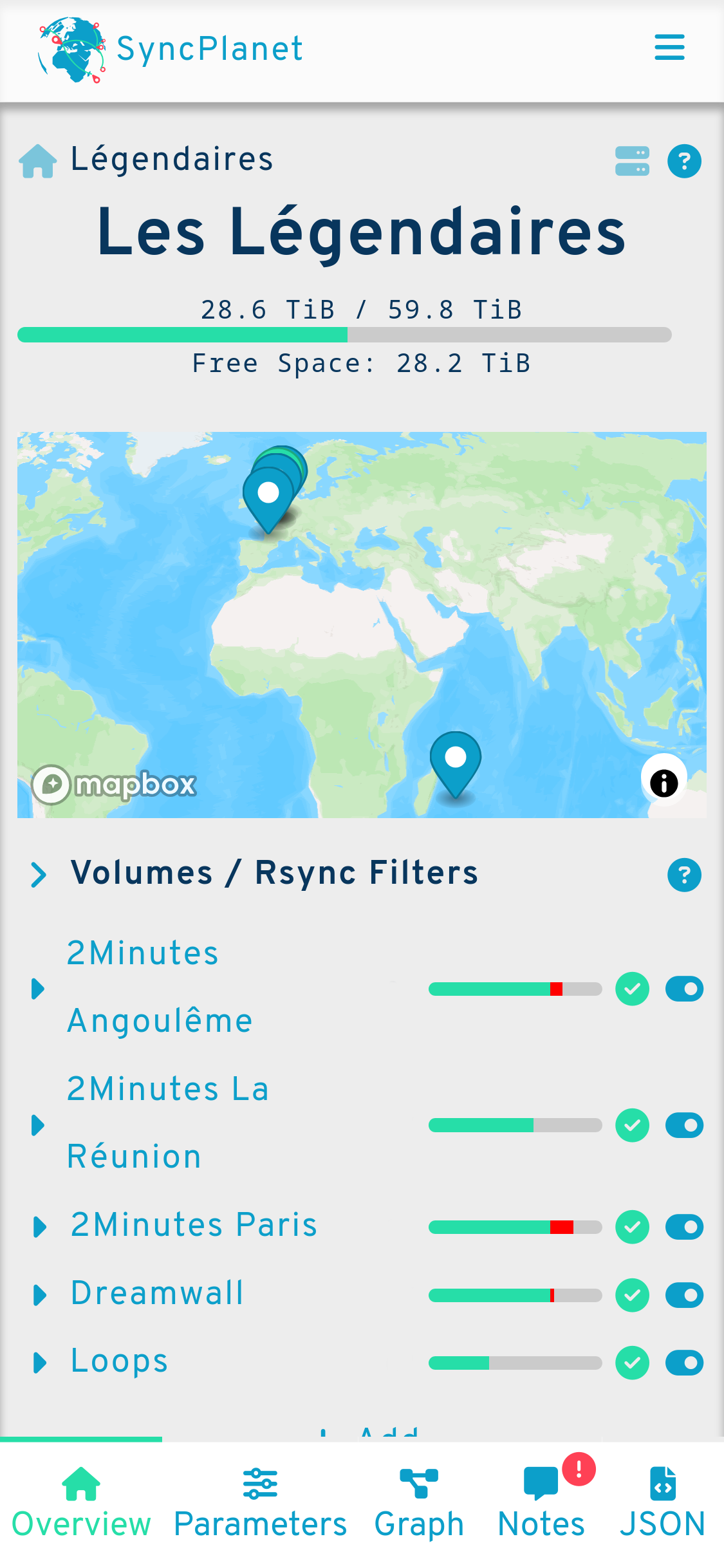 screenshot of the interface as it was on Les Légendaire production, smartphone screen format. We see the geolocalisations of the 5 studios, the capacity of each storages.